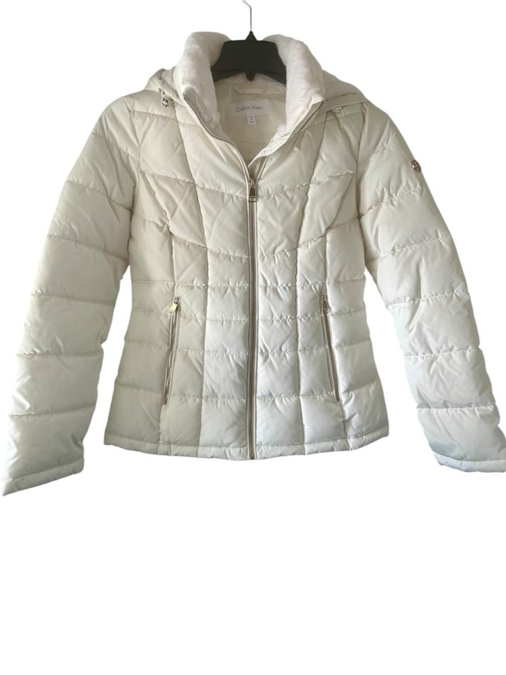 Calvin Klein White Hooded Puffer Jacket Full Zip Long Sleeve Women XS